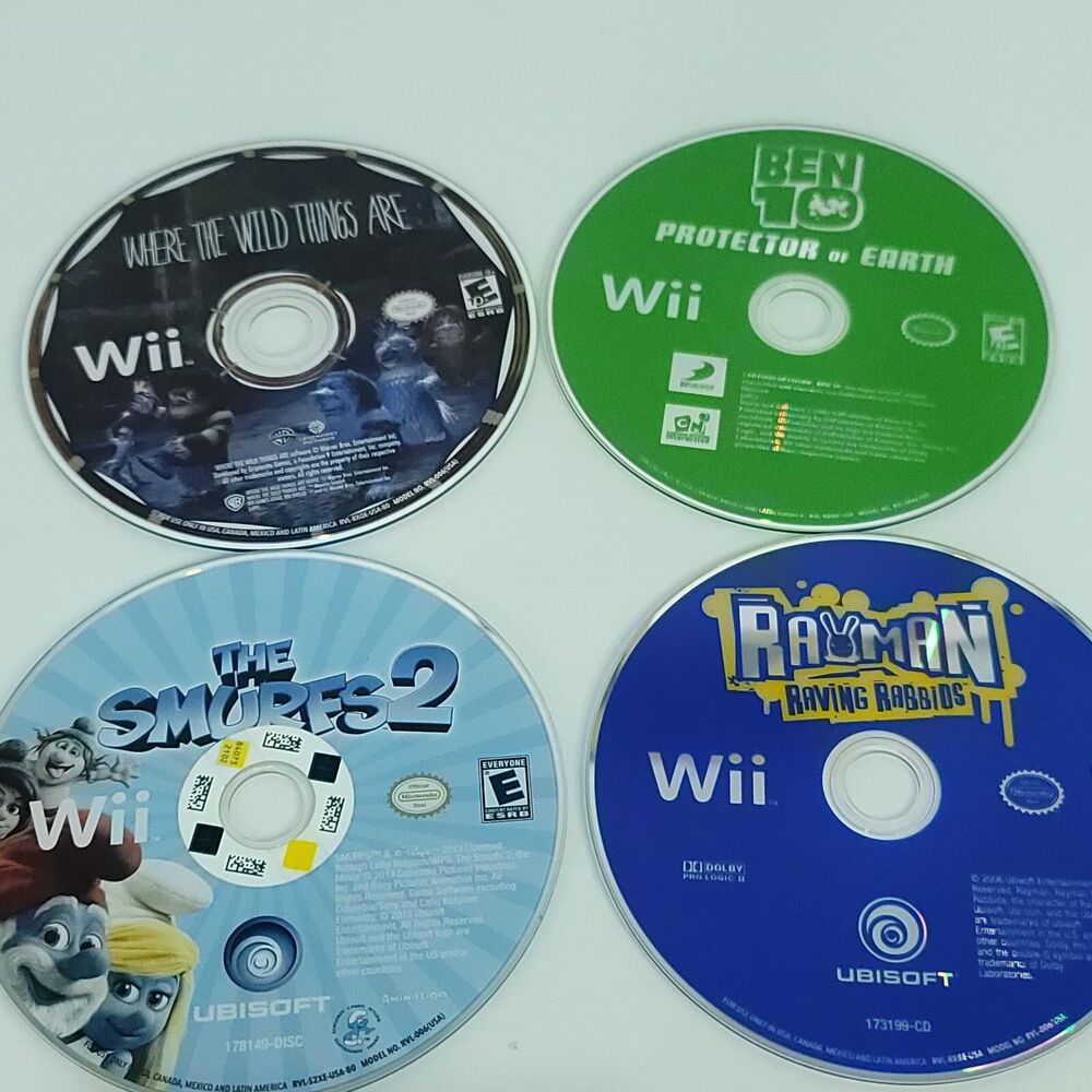 Nintendo Wii Games Lot of 4 Bundle Rabbids Smurfs 2 Ben 10 Wild Things Are
